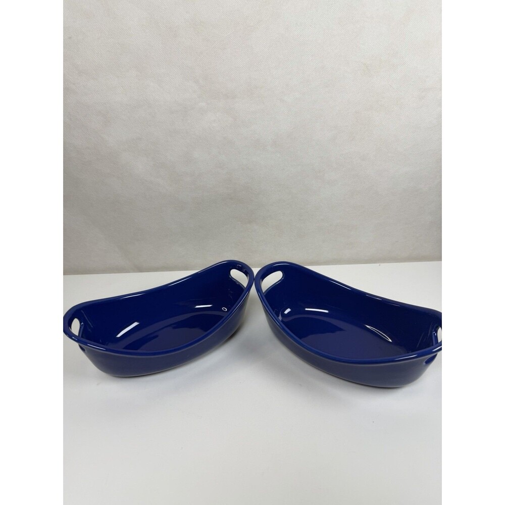 Rachael Ray Bubble & Brown Cobalt Blue Stoneware 12 oz Oval Baker Dishes Set 2
